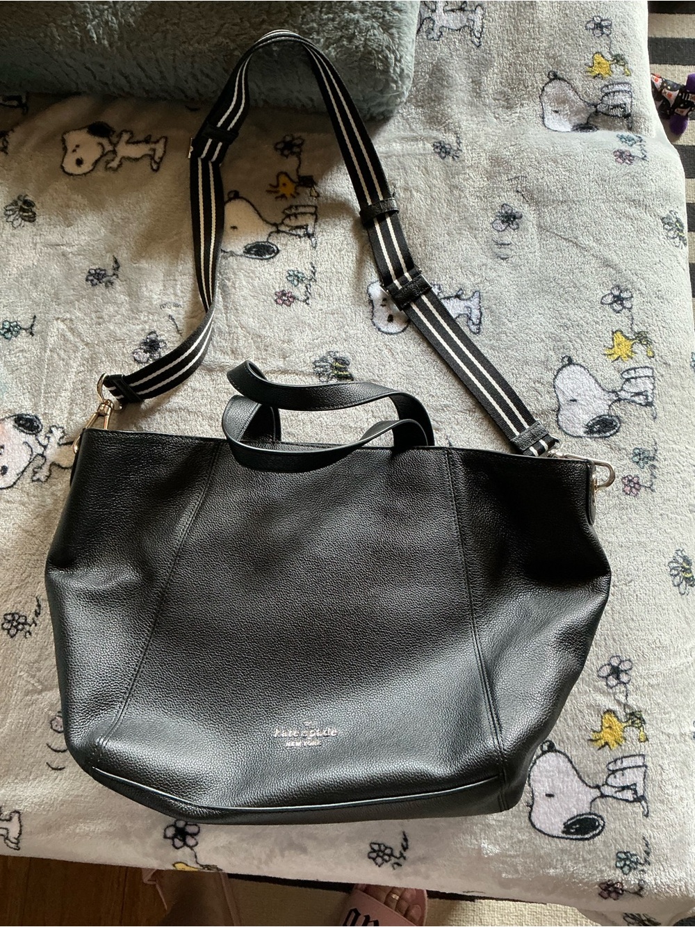 kate spade Black Pebbled Leather Tote with Adjustable Striped Strap